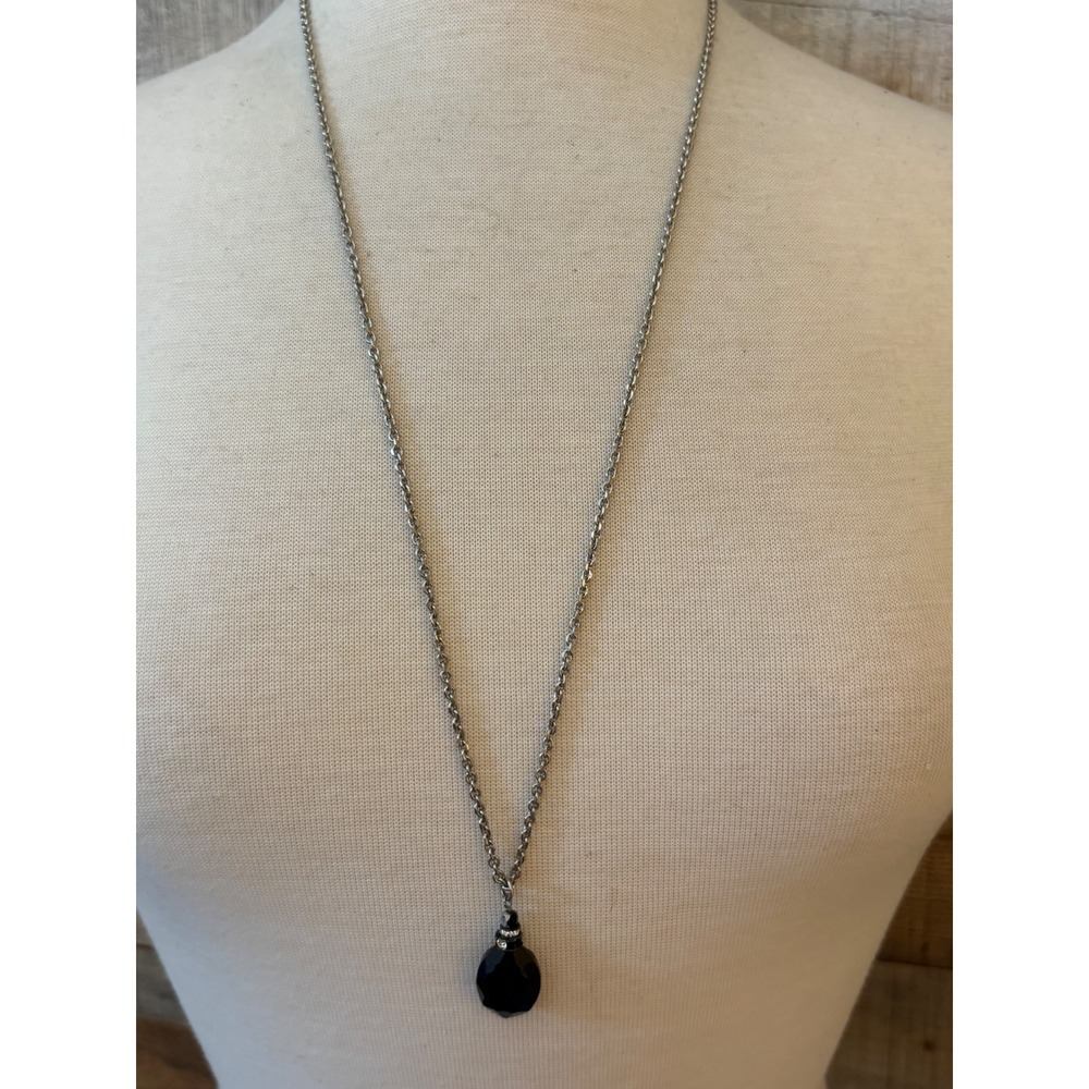 Silver Tone Long Cable Chain Necklace Black Faceted Teardrop Rhinestone Pendant
